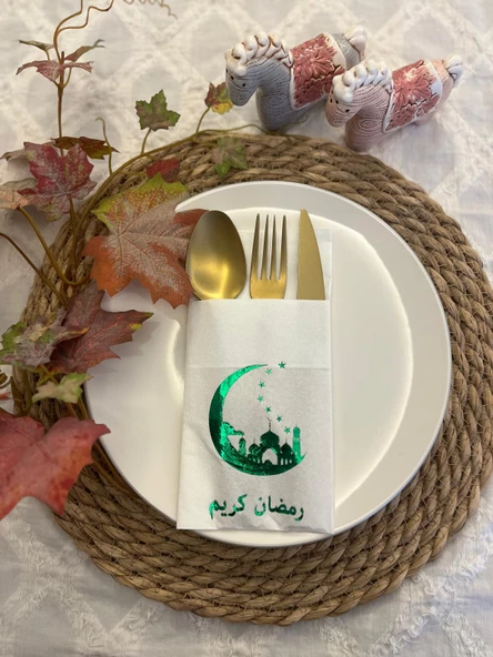Yeşil Yaldızlı Beyaz Arapça Ay Desenli Ramadan Kerim Cepli Peçete 12 lı 40x40 ürün görseli 1