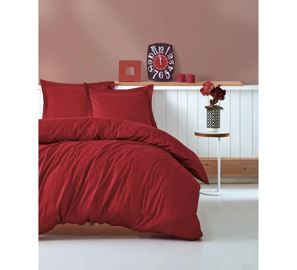Cotton Box Elegant Stripe Saten Çift Kişilik Nevresim Takımı Bordo ürün görseli 1