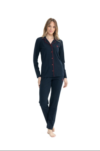 U.S. Polo Assn. Premium Kadın Boydan Düğmeli Modal Pamuklu  Uzun Kol Kutulu Pijama Takım ürün görseli 1