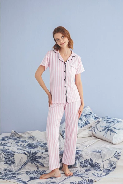 Lila Düğmeli Viskon Pijama Takımı - Resim 2