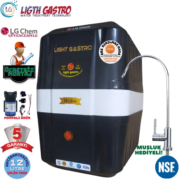 LİGHT GASTRO SİYAH BEYAZ POMPALI MONTAJ DAHİL 12 LİTRE 7 FİLTRE 14 AŞAMA SU ARITMA CİHAZI ürün görseli 1