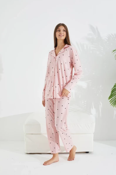 Siyah İnci somon puan desenli Pamuklu Düğmeli Pijama Takımı ürün görseli 1