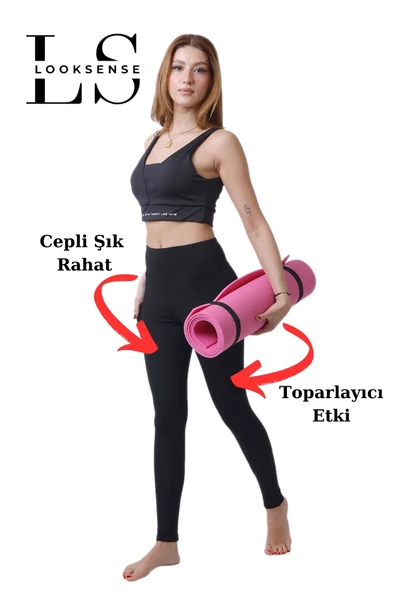 Looksense Kadın Siyah Yüksek Bel Çift Cepli Toparlayıcı Fitness Spor Tayt 1005 ürün görseli 1