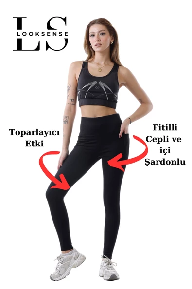 Looksense Kadın Siyah İçi Şardon Yüksek Bel Toparlayıcı Çift Cepli Fitilli Tayt 1004 ürün görseli 1