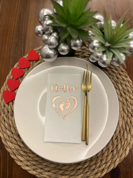 Rose Gold Yaldızlı Beyaz hello Baby Ayaklı Peçete 16 Adet ürün görseli 1
