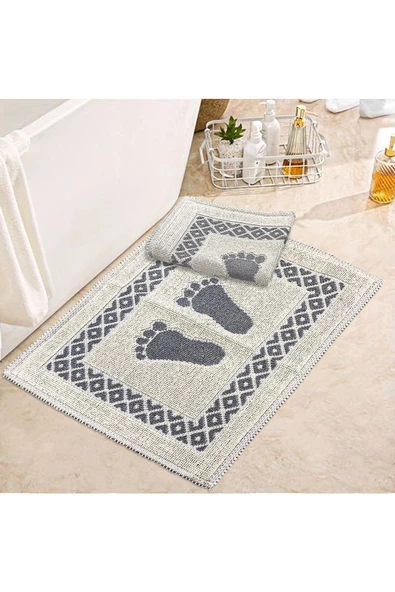 Soffy Krem & Gri 2 Adet 50x70 cm Banyo Paspası %100 Doğal Pamuk Ayak Paspası Ayak Havlusu ürün görseli 1