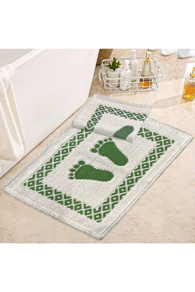 Soffy Krem & Yeşil 2 Adet 50x70 cm Banyo Paspası %100 Doğal Pamuk Ayak Paspası Ayak Havlusu ürün görseli 1