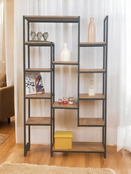 DEKORATİF ÇAM RENGİ AHŞAP RAFLI METAL KİTAPLIK ÇOK AMAÇLI STAND SALON VE ÇALIŞMA ODASI 12 RAFLI ÜNİTE MATKAPSIZ KOLAY KURULUM ürün görseli 1