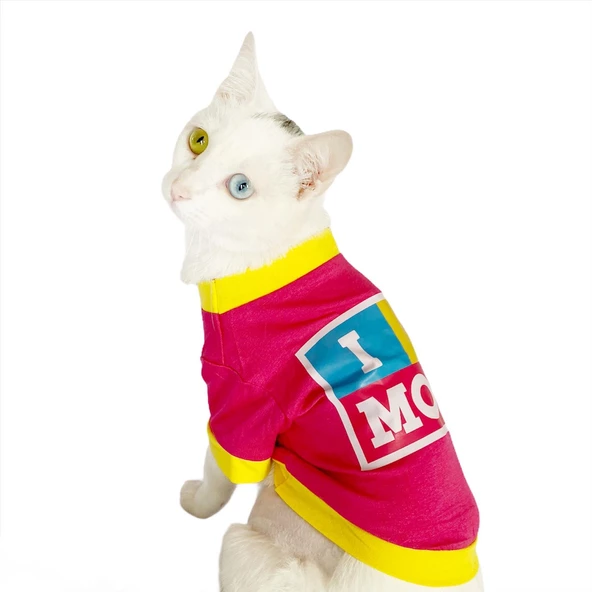 Love Mom Pink, Oval Yaka Tişört Kedi Kıyafeti,Elbisesi Anneler Günü ürün görseli 1