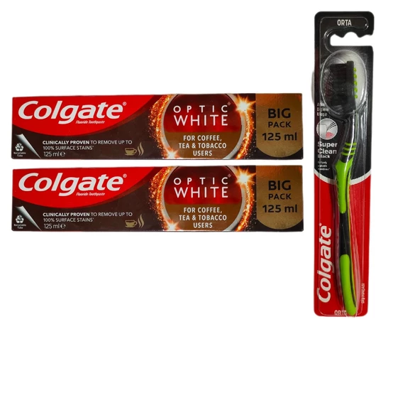 Colgate Optic White Kahve, Çay ve Tütün Kullanıcıları Için Süper Clean Black Orta Diş Fırçası + Macun 125 ml 2 + 1 Adet ürün görseli 1