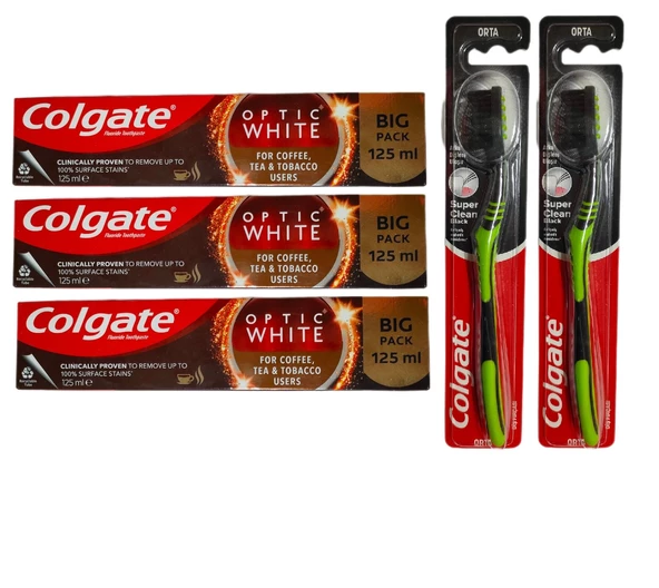 Colgate Optic Kahve Çay ve Tütün Kullananlar Süper Clean Black Orta Diş Fırçası Macun 125 ml 2 + 3 Adet ürün görseli 1
