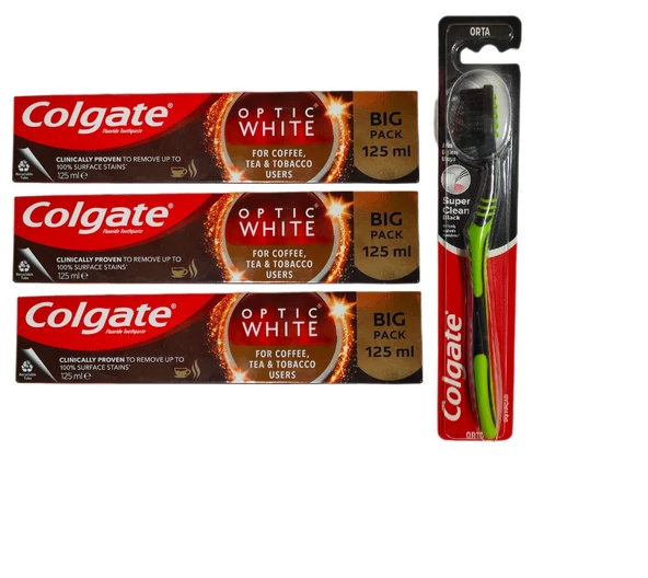Colgate White Kahve, Çay ve Tütün Kullanıcıları Için Süper Clean Black Diş Fırçası 1 Adet + 3 Ad Macun 125ml ürün görseli 1