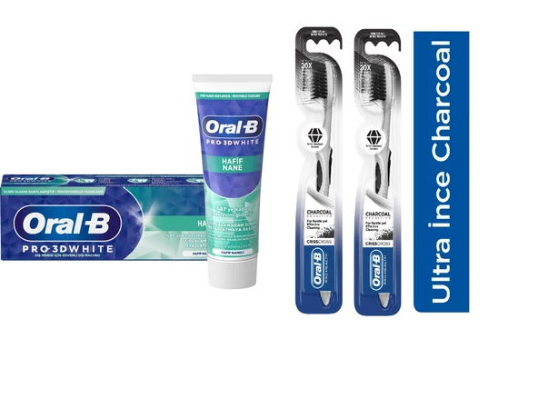 Oral-B Pro 3d White Hafif Nane Diş Macunu 75 Ml + Oral-B Pro Health Kömürlü Diş Fırçası 1 + 2 Adet ürün görseli 1