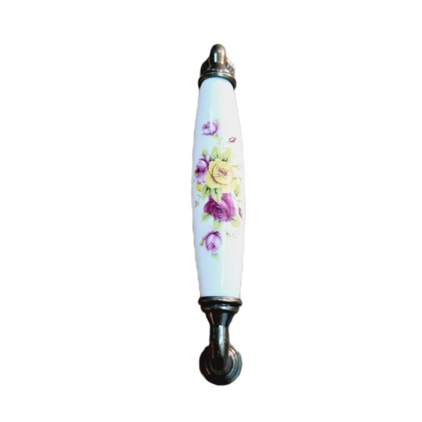 Beyaz Porselen Kulp antik sarı Ayak Sarı Çiçek Desenli 128 mm  Dolap Kulpu 5 Adet Set ürün görseli 1
