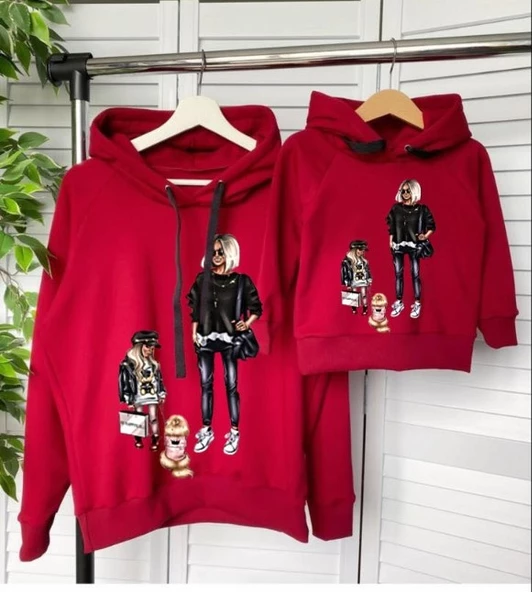 MODAVALS KAPİŞONLU ANNE KIZ KÖPEK BASKILI ANNE KIZ SWEATSHIRT KOMBİN-KIRMIZI ürün görseli 1