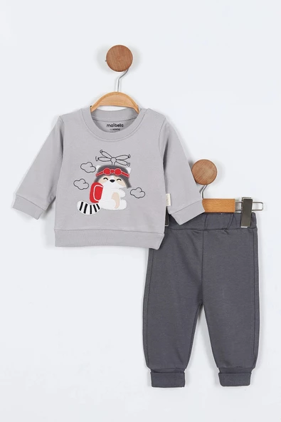 Rakun Desenli Uzun Kollu Pamuklu Sweatshirt Erkek Bebek Alt Ust Takım Erkek Bebek İkili Takım 2 li ürün görseli 1