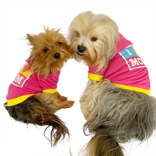 Love Mom Pink, Oval Yaka Tişört Köpek Kıyafeti,Elbisesi Anneler Günü ürün görseli 1