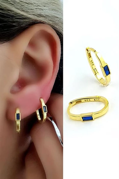 Lacivert Baget Zirkon Taşlı 925Ayar Gümüş Üzerine Altın Kaplama Luxury Tasarım Oval Halka Küpe ürün görseli 1