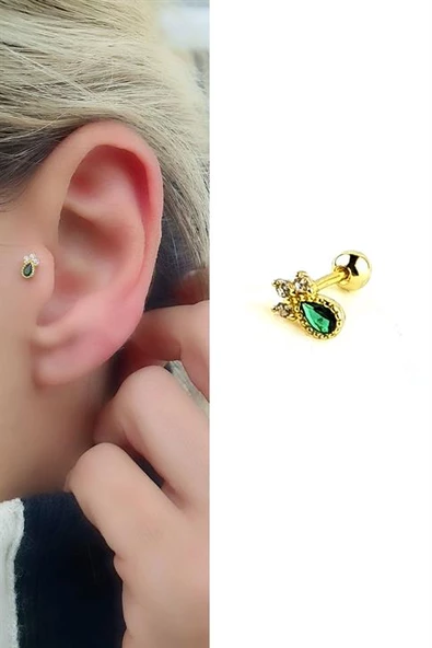 Yeşil Zirkon Taşlı 925Ayar Gümüş Üzerine Altın Kaplama Tragus Kıkırdak Piercing ürün görseli 1