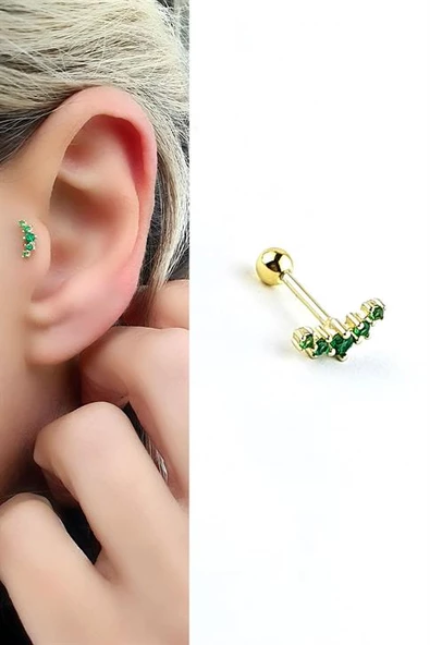 Yeşil Zirkon Taşlı Yay  925Ayar Gümüş Üzerine Altın Kaplama Tragus Kıkırdak Piercing ürün görseli 1