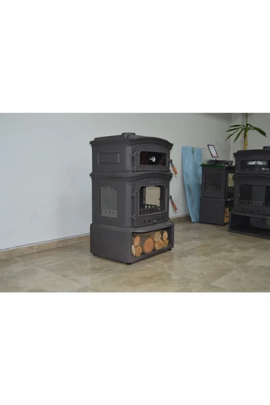 flamestove  A. Premium Ykst 3 Camlı Yan Kapaklı Odunluklu Kuzineli Döküm Soba ürün görseli 1