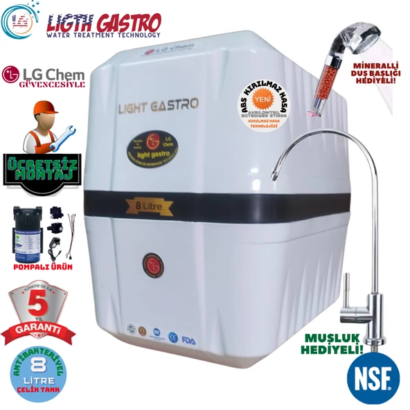 LİGHT GASTRO BEYAZ SİYAH POMPALI MONTAJ DAHİL 8 LİTRE 5 FİLTRE 10 AŞAMA SU ARITMA CİHAZI ürün görseli 1