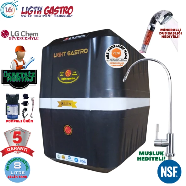 LİGHT GASTRO SİYAH BEYAZ POMPALI MONTAJ DAHİL 8 LİTRE 5 FİLTRE 10 AŞAMA SU ARITMA CİHAZI ürün görseli 1