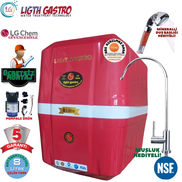 LİGHT GASTRO KIRMIZI BEYAZ POMPALI MONTAJ DAHİL 8 LİTRE 5 FİLTRE 10 AŞAMA SU ARITMA CİHAZI ürün görseli 1