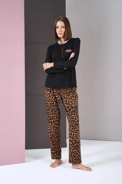Pjs 26004 Kadın Uzun Kol Leopar Desenli Pijama Takım ürün görseli 1