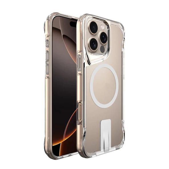 Gpack Apple iPhone 16 Pro Kılıf Pürüzsüz Sert Silikon Magsafeli T-Max Standlı Şeffaf ürün görseli 1