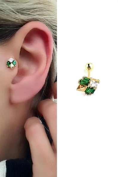 Yeşil Baget Zirkon Taş Detaylı 925Ayar Gümüş Üzerine Altın Kaplama Luxury Tasarım Tragus Kıkırdak Helix Piercing ürün görseli 1