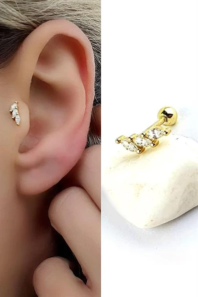 Zirkon Taşlı 925Ayar Gümüş Üzerine Altın Kaplama Tragus Kıkırdak Helix Piercing ürün görseli 1