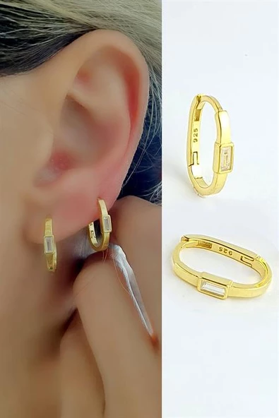 Baget Zirkon Taşlı 925Ayar Gümüş Üzerine Altın Kaplama Luxury Tasarım Oval Halka Küpe 1.5Cm ürün görseli 1