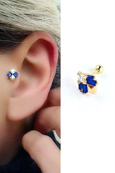 Lacivert Baget Zirkon Taş Detaylı 925Ayar Gümüş Üzerine Altın Kaplama Luxury Tasarım Tragus Kıkırdak Helix Piercing ürün görseli 1
