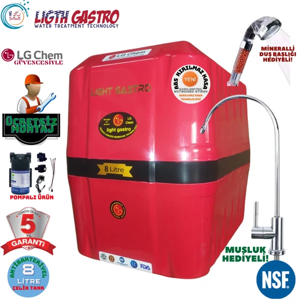 LİGHT GASTRO KIRMIZI SİYAH POMPALI MONTAJ DAHİL 8 LİTRE 5 FİLTRE 10 AŞAMA SU ARITMA CİHAZI ürün görseli 1