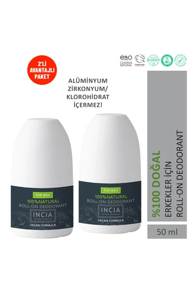 Incia %100 Doğal Roll On Deodorant Erkeler İçin Ter Kokusu Önleyici Lekesiz 50 ml X 2 Adet ürün görseli 1