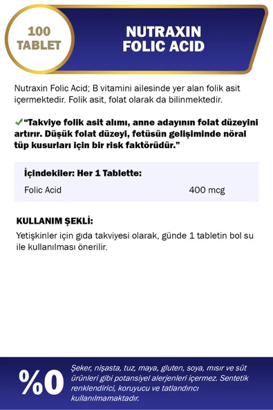 Nutraxin Folic Acid 400 Mcg 100 Tablet - Resim 2