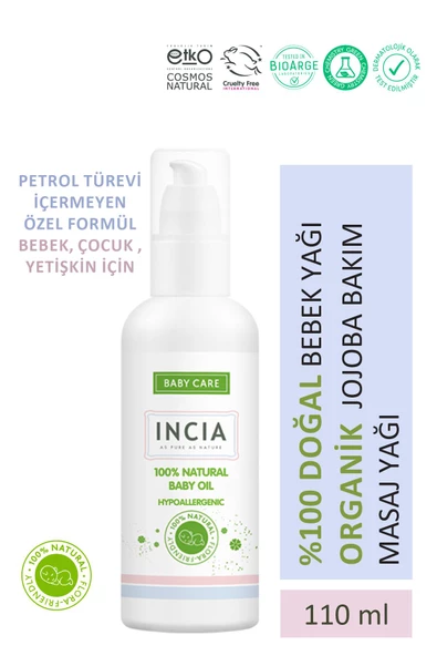 Incia %100 Doğal Bebek Yağı Organik Jojoba Bakım Masaj Yağı Parafinsiz Bitkisel Vegan 110 ml ürün görseli 1