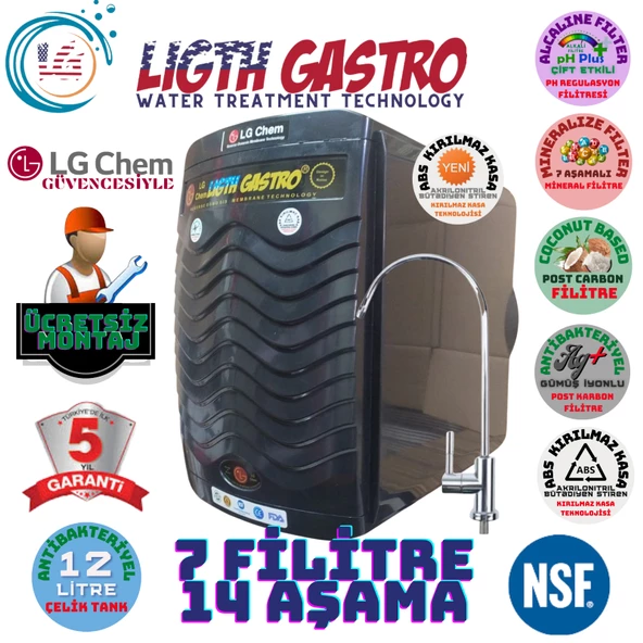 LİGHT GASTRO PLUS SİYAH MONTAJ DAHİL 12 LİTRE 7 FİLTRE 14 AŞAMA SU ARITMA CİHAZI ürün görseli 1