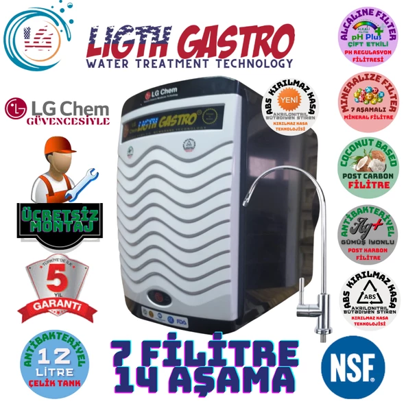 LİGHT GASTRO PLUS BEYAZ  SİYAH MONTAJ DAHİL 12 LİTRE 7 FİLTRE 14 AŞAMA SU ARITMA CİHAZI ürün görseli 1