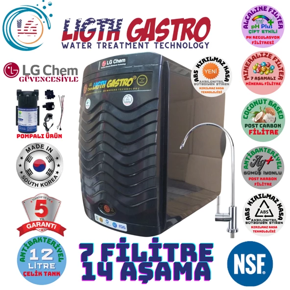 LİGHT GASTRO PLUS SİYAH POMPALI 12 LİTRE 7 FİLTRE 14 AŞAMA SU ARITMA CİHAZI ürün görseli 1