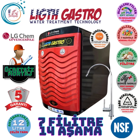 LİGHT GASTRO PLUS KIRMIZI SİYAH MONTAJ DAHİL 12 LİTRE 7 FİLTRE 14 AŞAMA SU ARITMA CİHAZI ürün görseli 1