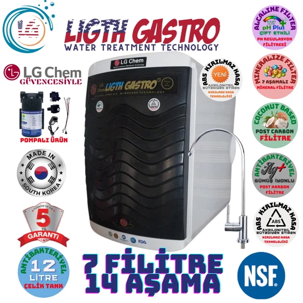 LİGHT GASTRLİGHT GASTRO PLUS SİYAH BEYAZ POMPALI 12 LİTRE 7 FİLTRE 14 AŞAMA SU ARITMA CİHAZI ürün görseli 1