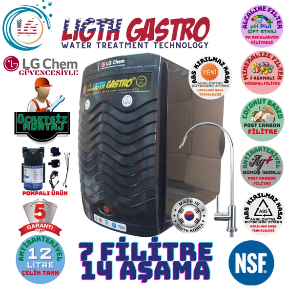 LİGHT GASTRO PLUS SİYAH POMPALI MONTAJ DAHİL 12 LİTRE 7 FİLTRE 14 AŞAMA SU ARITMA CİHAZI ürün görseli 1