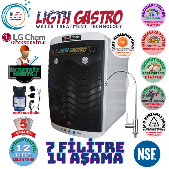 LİGHT GASTRO PLUS SİYAH BEYAZ  POMPALI MONTAJ DAHİL 12 LİTRE 7 FİLTRE 14 AŞAMA SU ARITMA CİHAZI ürün görseli 1