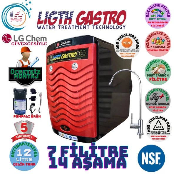 LİGHT GASTRO PLUS KIRMIZI SİYAH POMPALI MONTAJ DAHİL 12 LİTRE 7 FİLTRE 14 AŞAMA SU ARITMA CİHAZI ürün görseli 1