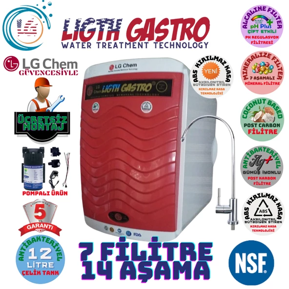 LİGHT GASTRO PLUS KIRMIZI BEYAZ POMPALI MONTAJ DAHİL 12 LİTRE 7 FİLTRE 14 AŞAMA SU ARITMA CİHAZI ürün görseli 1