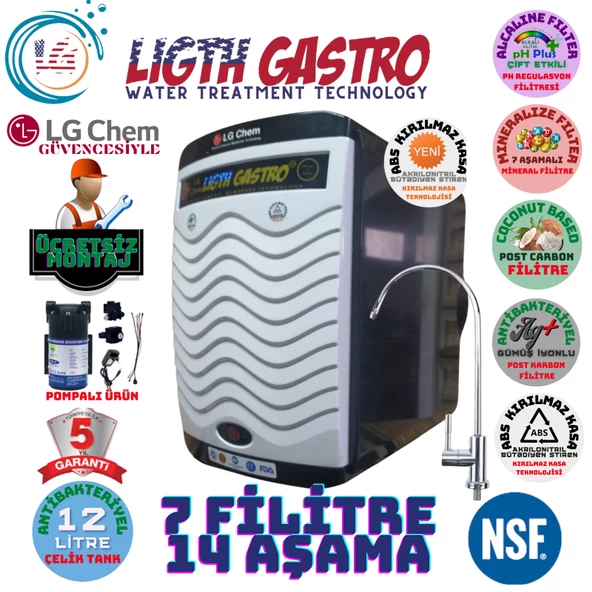 LİGHT GASTRO PLUS BEYAZ SİYAH POMPALI MONTAJ DAHİL 12 LİTRE 7 FİLTRE 14 AŞAMA SU ARITMA CİHAZI ürün görseli 1
