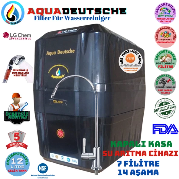 AQUA DEUTSCHE SİYAH MONTAJ DAHİL 12 LİTRE 7 FİLTRE 14 AŞAMA SU ARITMA CİHAZI ürün görseli 1
