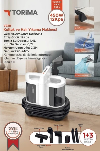 Halı ve Koltuk Yıkama Cam Temizleme Leke Çıkartma Makinesi V22B Beyaz ürün görseli 1
